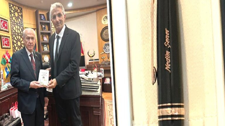 Bahçeli’den kendisini ziyaret eden Nedim Şener’e hediye: “Milli Kalem Nedim Şener”